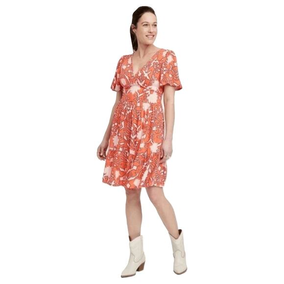 NWOT KNOX ROSE Dress XL Floral Coral Tiered V-Neck Puff-Short-Sleeve Knee - Picture 1 of 5